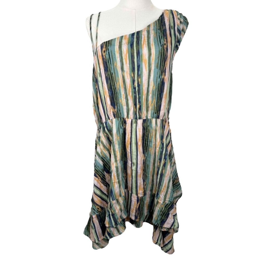 Free People Heart Shaped Face Dress One Shoulder Striped Ruffle Asymmetrical Lg